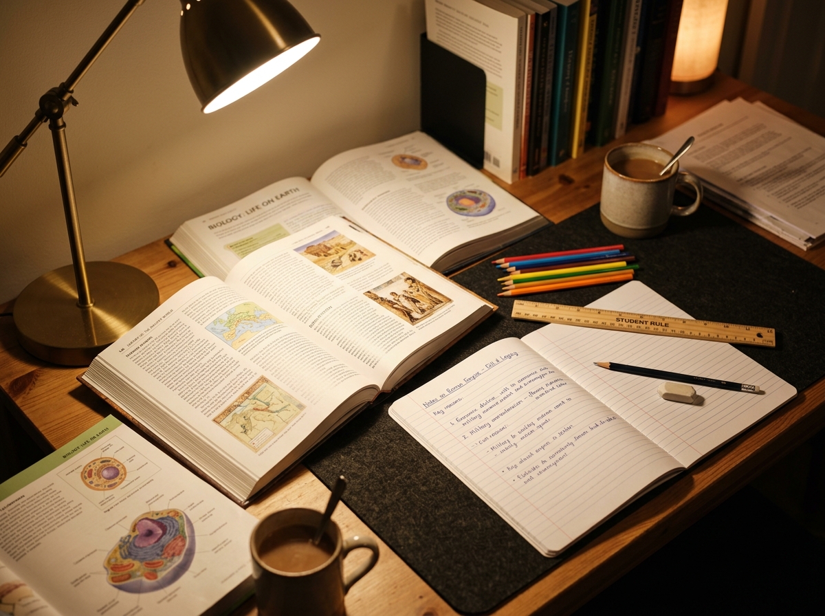 A neatly arranged study desk at Skill-up Learning Academy with books, stationery and a tablet illustrating the focused one-to-one learning environment
